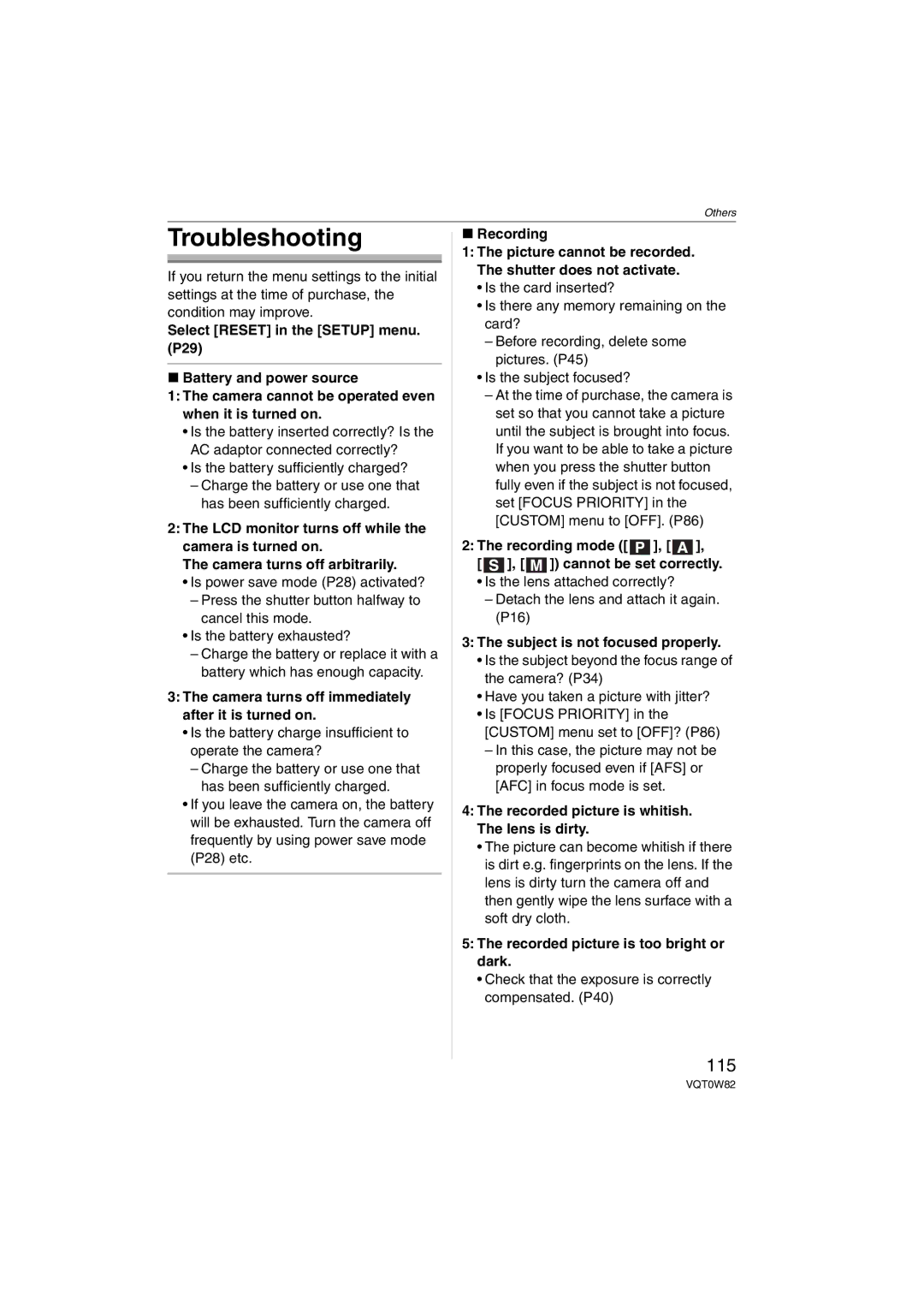 Panasonic VQT0W82, DMC-L1K operating instructions Troubleshooting, 115 