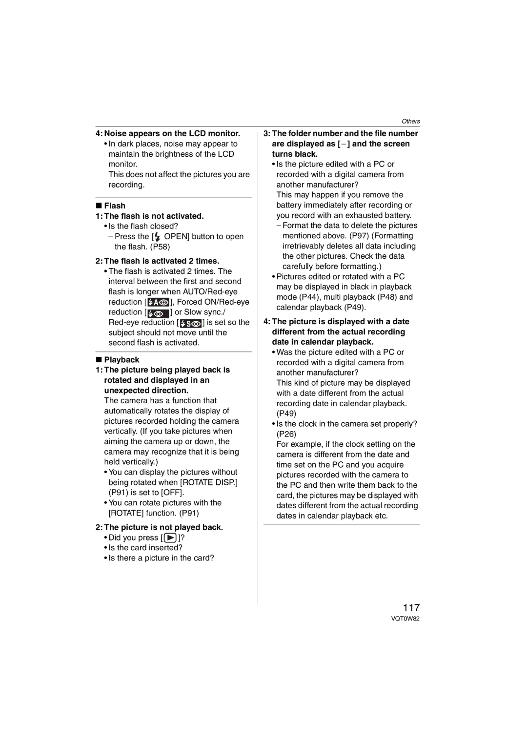Panasonic VQT0W82, DMC-L1K 117, Noise appears on the LCD monitor, Flash Flash is not activated, Flash is activated 2 times 