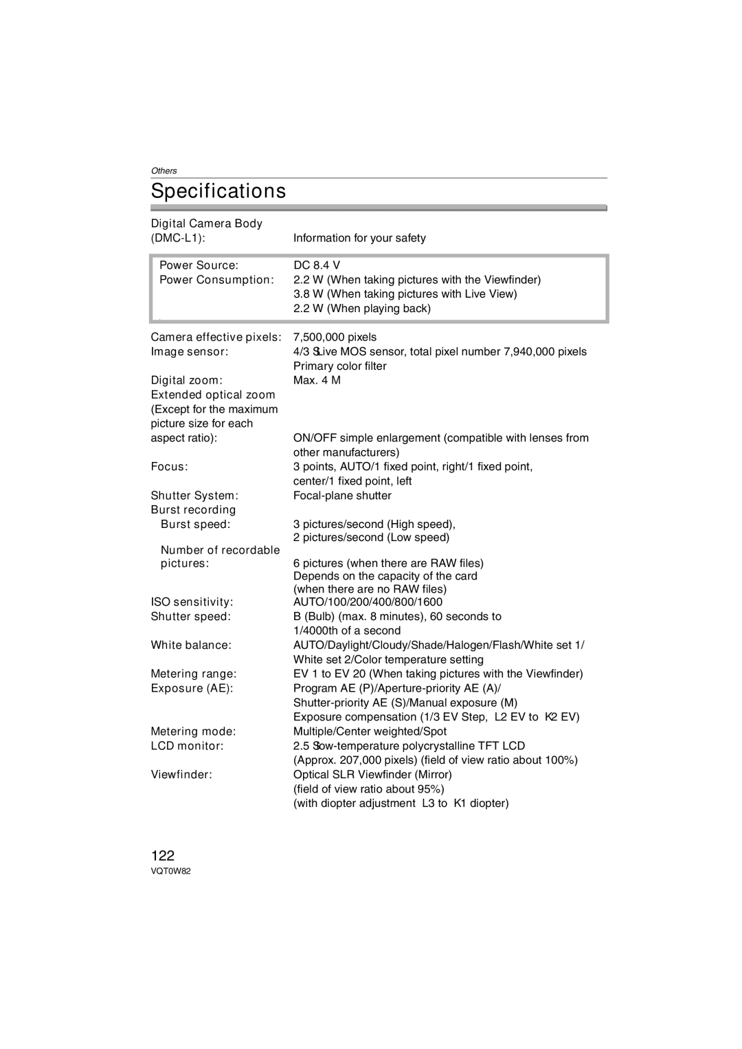 Panasonic DMC-L1K, VQT0W82 operating instructions Specifications, 122 