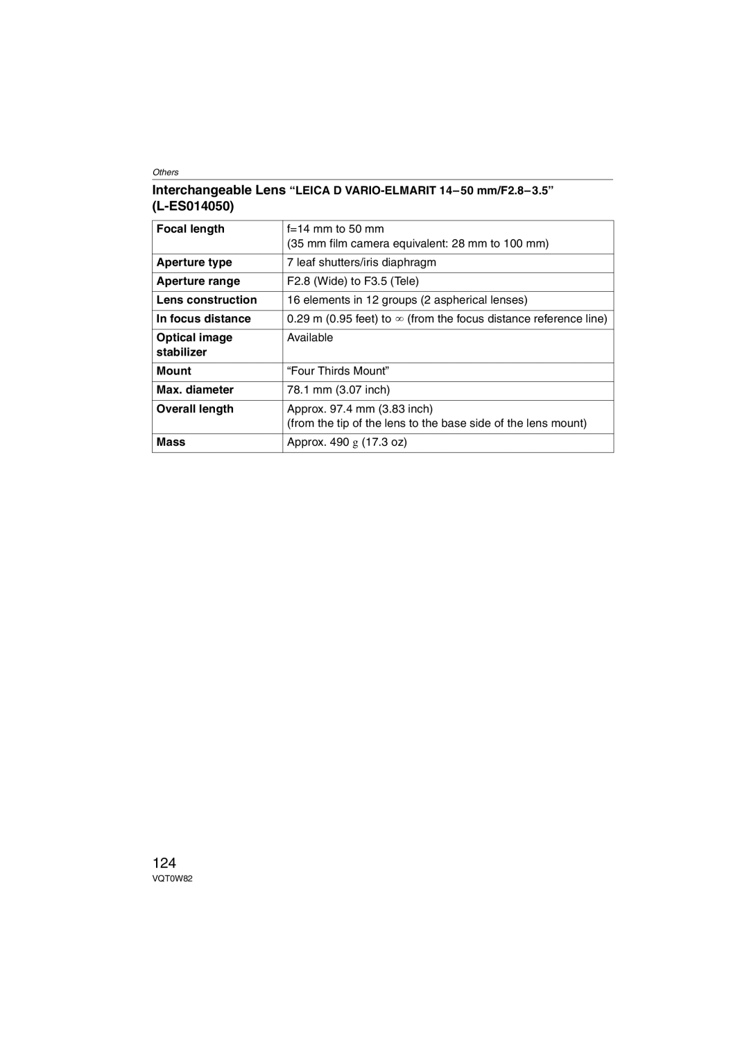 Panasonic DMC-L1K, VQT0W82 operating instructions 124 