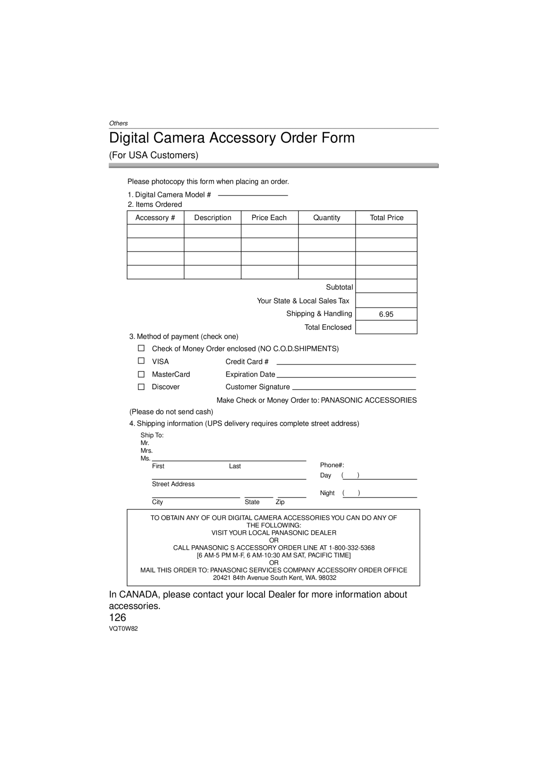 Panasonic DMC-L1K, VQT0W82 operating instructions Digital Camera Accessory Order Form, 126, For USA Customers 