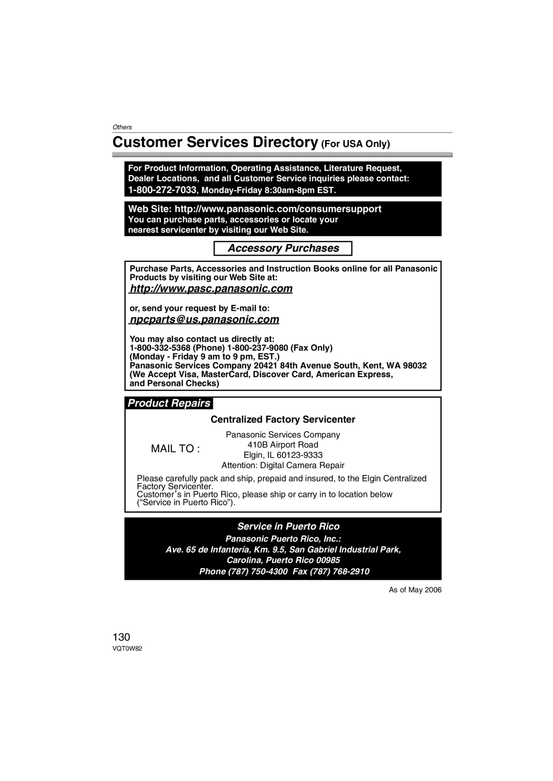 Panasonic DMC-L1K Customer Services Directory For USA Only, 130, Centralized Factory Servicenter, Service in Puerto Rico 