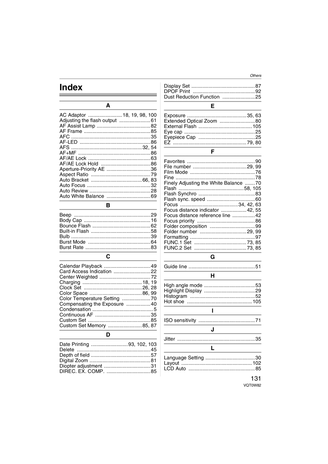 Panasonic VQT0W82, DMC-L1K operating instructions Index, 131 