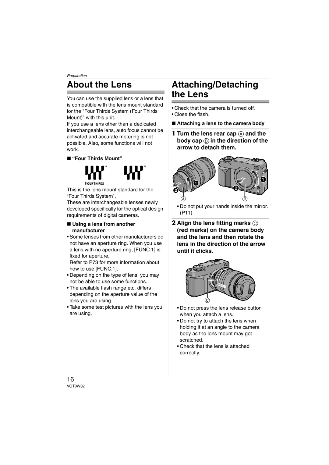 Panasonic DMC-L1K About the Lens, Attaching/Detaching the Lens, Four Thirds Mount, Using a lens from another manufacturer 