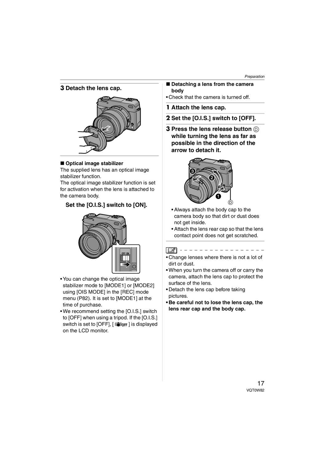 Panasonic VQT0W82, DMC-L1K operating instructions Detach the lens cap, Set the O.I.S. switch to on, Optical image stabilizer 