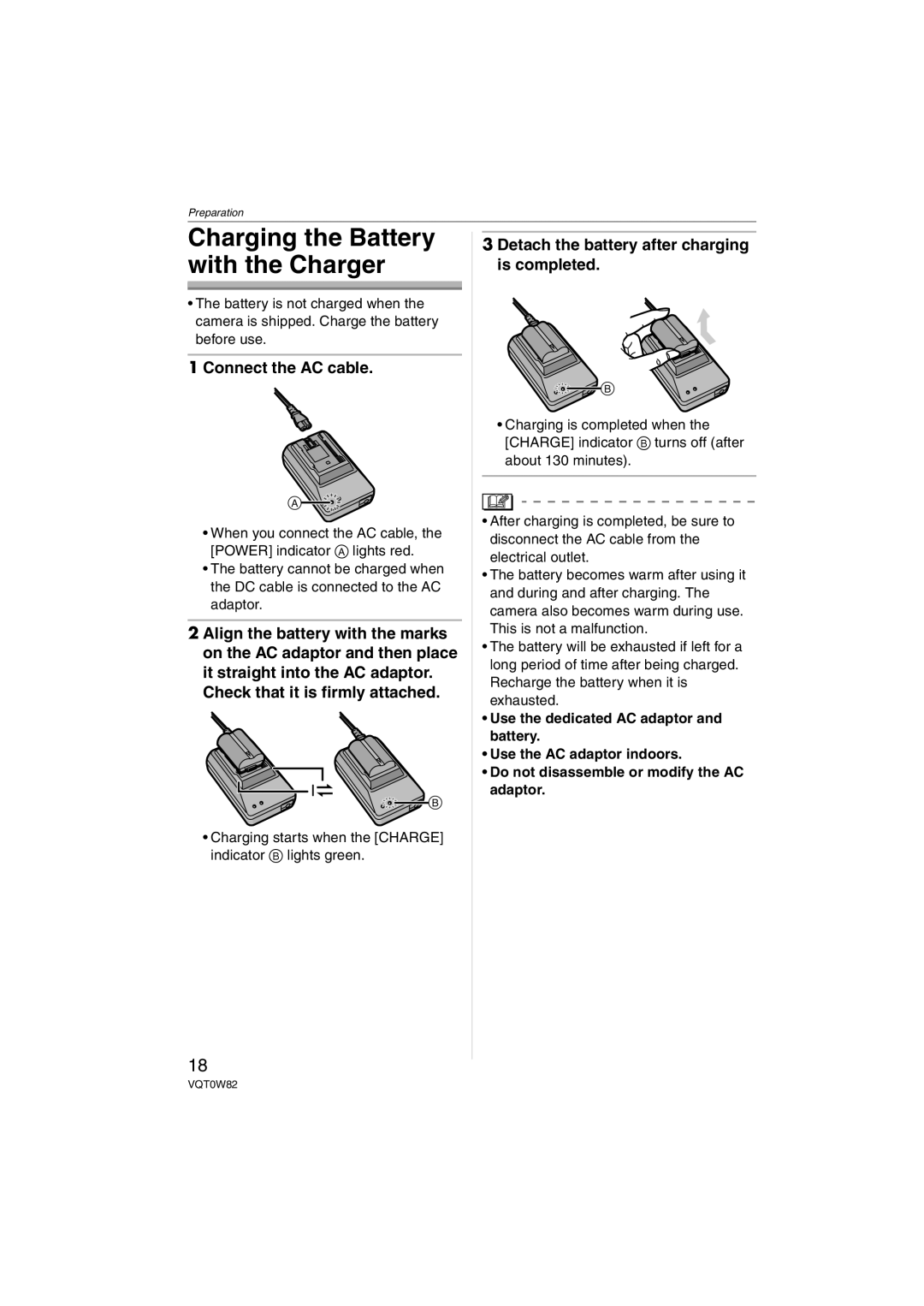 Panasonic DMC-L1K, VQT0W82 operating instructions Charging the Battery with the Charger, Connect the AC cable 