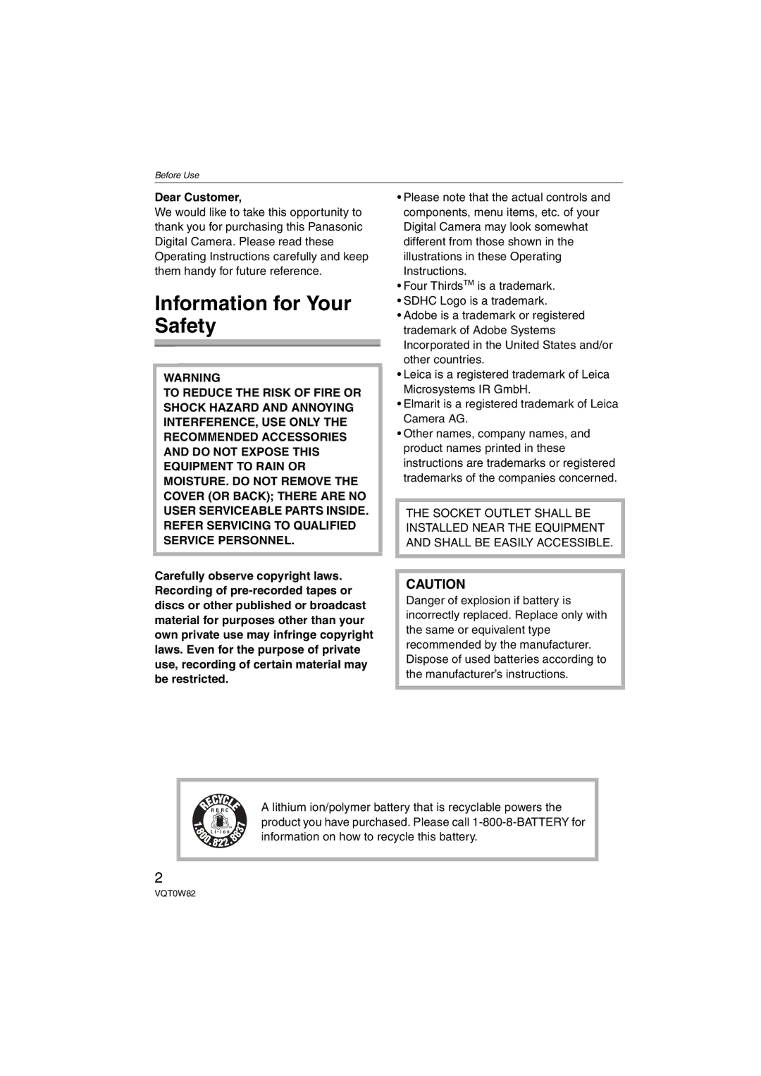 Panasonic DMC-L1K, VQT0W82 operating instructions Information for Your Safety, Dear Customer 