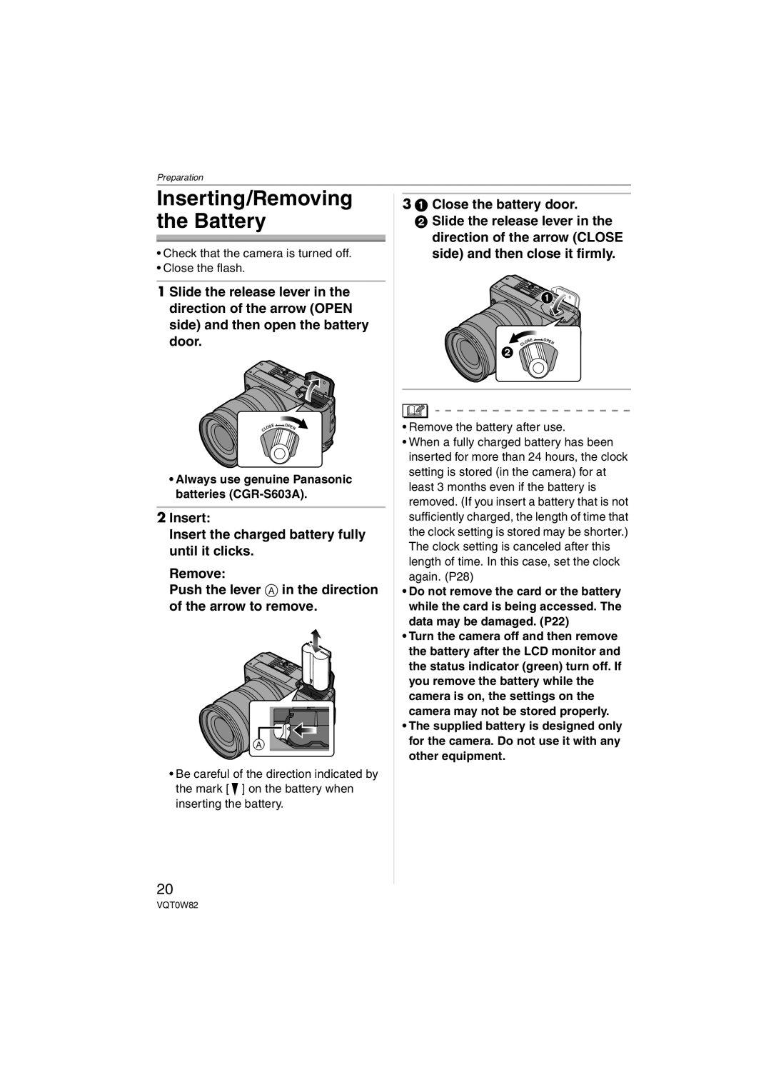 Panasonic DMC-L1K, VQT0W82 Inserting/Removing the Battery, Check that the camera is turned off Close the flash 