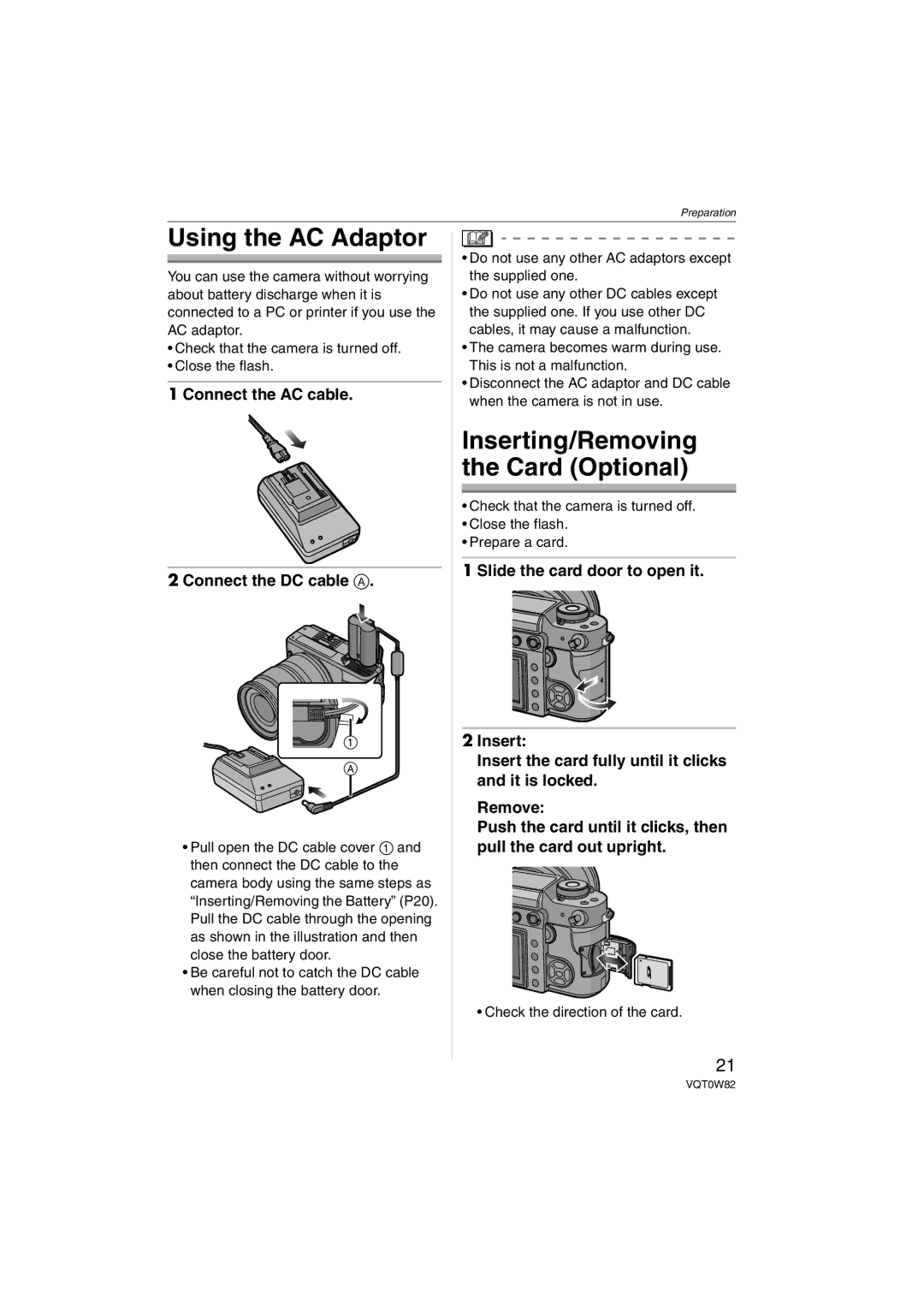 Panasonic VQT0W82 Using the AC Adaptor, Inserting/Removing the Card Optional, Connect the AC cable Connect the DC cable a 