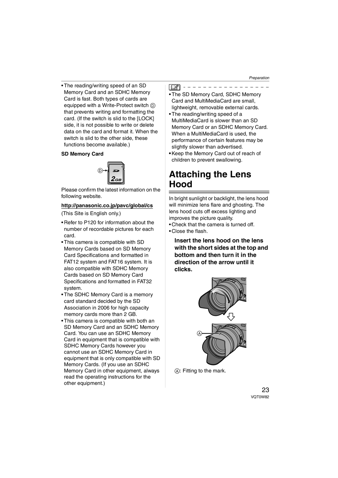 Panasonic VQT0W82 Attaching the Lens Hood, SD Memory Card, Http//panasonic.co.jp/pavc/global/cs, Fitting to the mark 