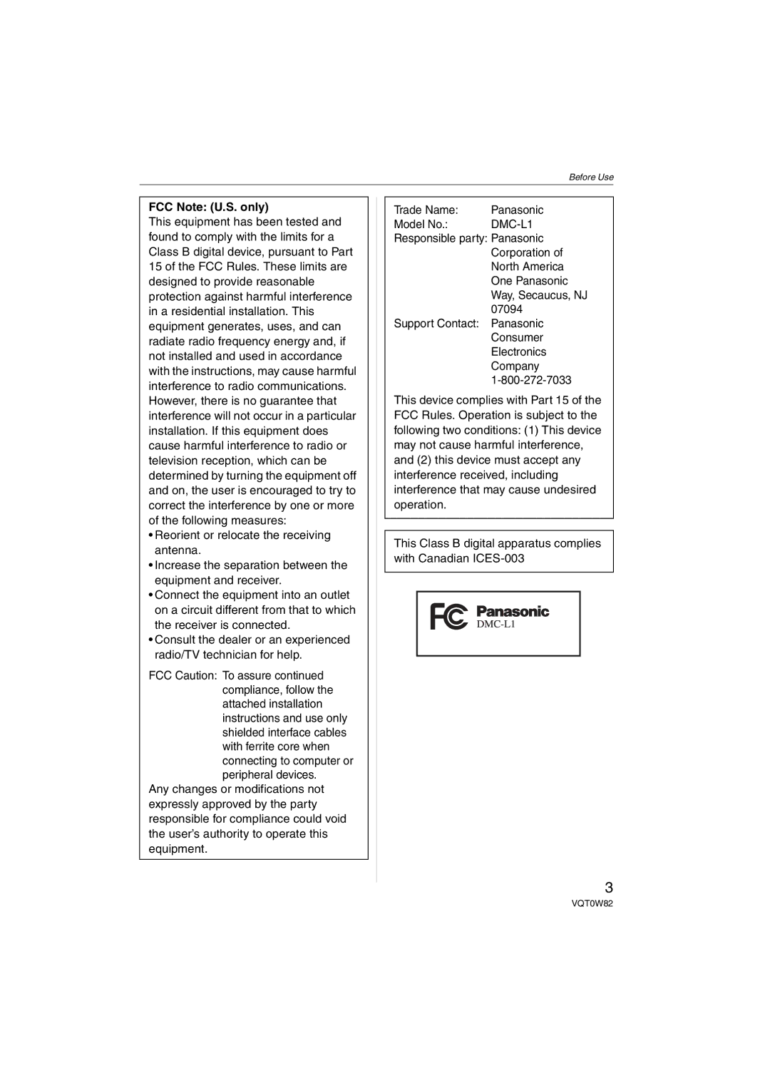 Panasonic VQT0W82, DMC-L1K operating instructions FCC Note U.S. only 