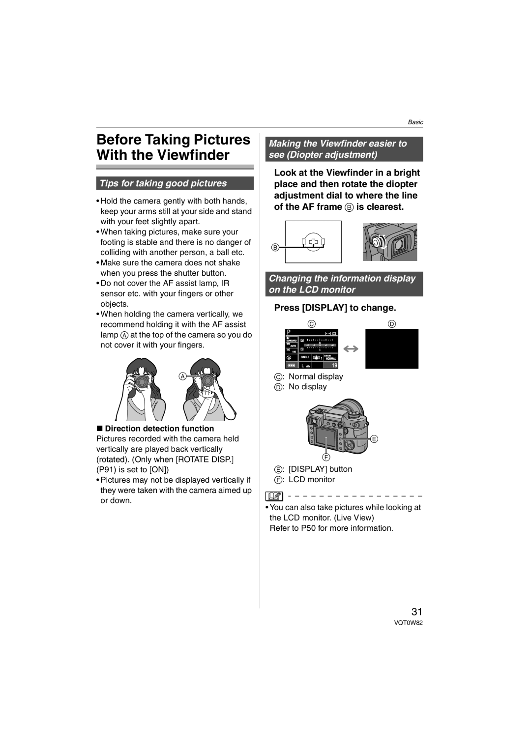 Panasonic VQT0W82 Before Taking Pictures With the Viewfinder, Tips for taking good pictures, Press Display to change 