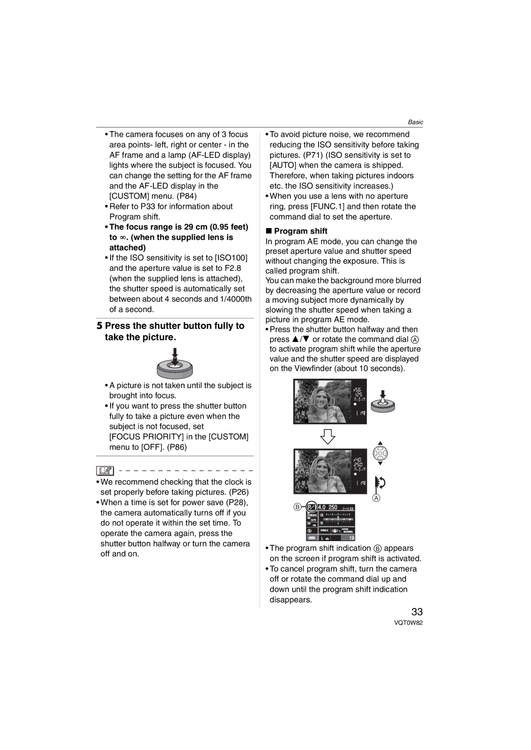 Panasonic VQT0W82, DMC-L1K operating instructions Press the shutter button fully to take the picture, Program shift 