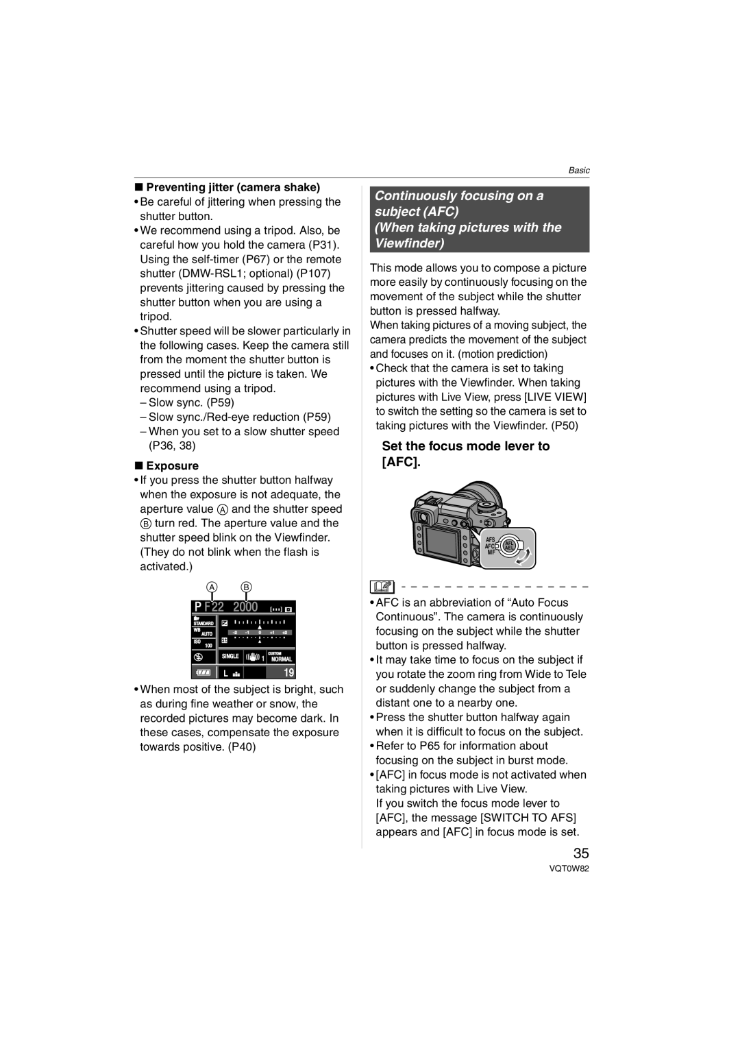 Panasonic VQT0W82, DMC-L1K operating instructions Set the focus mode lever to AFC, Preventing jitter camera shake, Exposure 