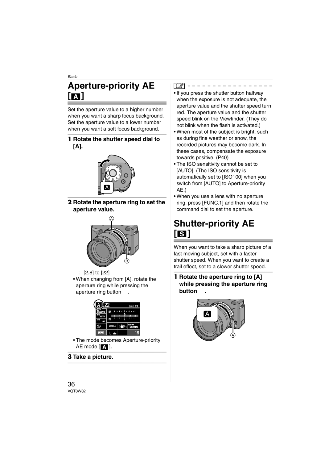 Panasonic DMC-L1K, VQT0W82 Aperture-priority AE, Shutter-priority AE, Rotate the aperture ring to set the aperture value 