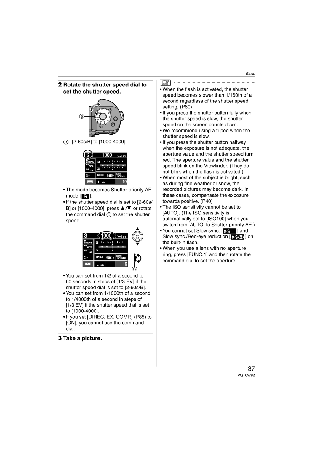 Panasonic VQT0W82 Rotate the shutter speed dial to set the shutter speed, 60s/B to, You can set from 1/2 of a second to 