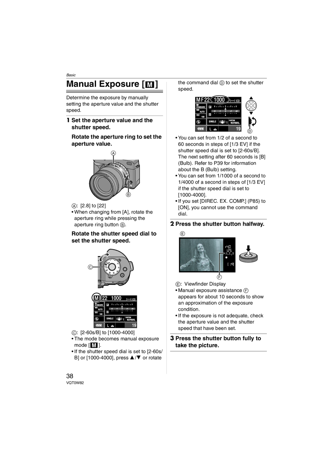 Panasonic DMC-L1K, VQT0W82 Manual Exposure, Press the shutter button halfway, 60s/B to Mode becomes manual exposure mode 