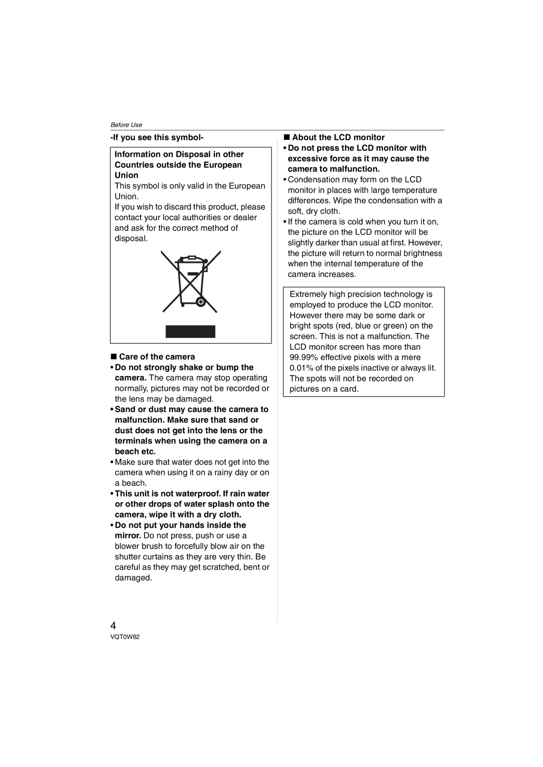 Panasonic DMC-L1K, VQT0W82 operating instructions Before Use 