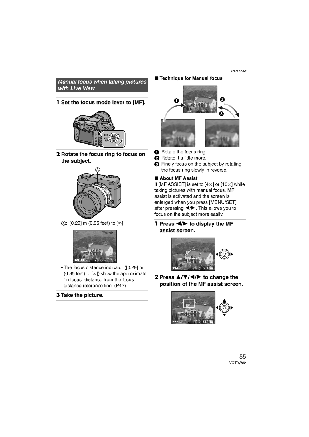 Panasonic VQT0W82, DMC-L1K Manual focus when taking pictures with Live View, Press 2/1 to display the MF assist screen 