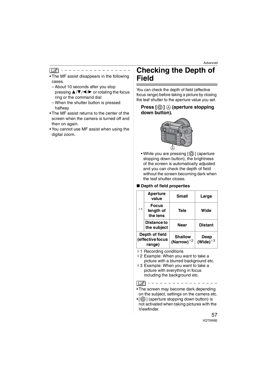 Panasonic VQT0W82, DMC-L1K operating instructions Checking the Depth of Field, Press a aperture stopping down button, Wide¢3 