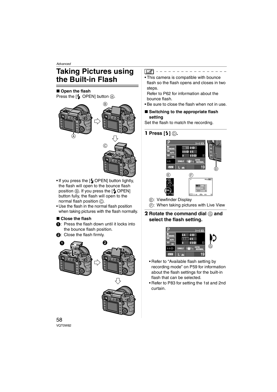 Panasonic DMC-L1K, VQT0W82 operating instructions Taking Pictures using the Built-in Flash, Press D 