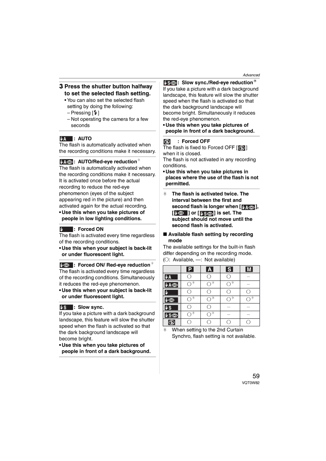 Panasonic VQT0W82, DMC-L1K Auto, AUTO/Red-eye reduction¢, Forced on, Slow sync./Red-eye reduction¢, Forced OFF 