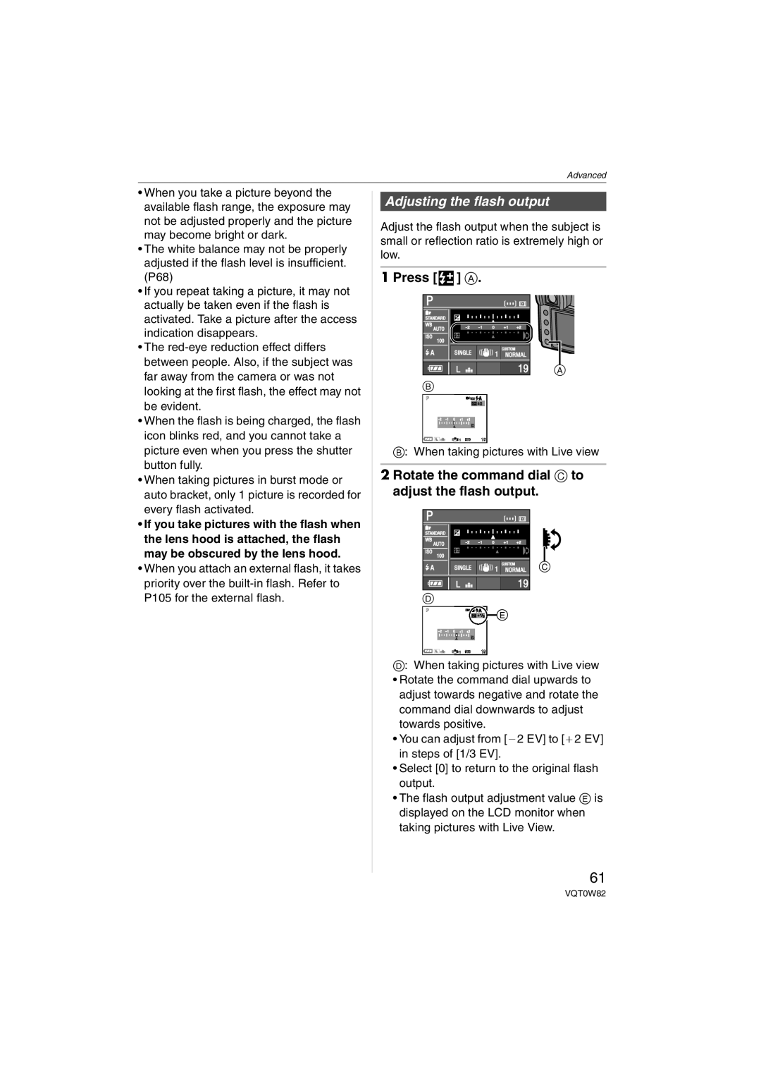 Panasonic VQT0W82, DMC-L1K Adjusting the flash output, Press a, Rotate the command dial C to adjust the flash output 