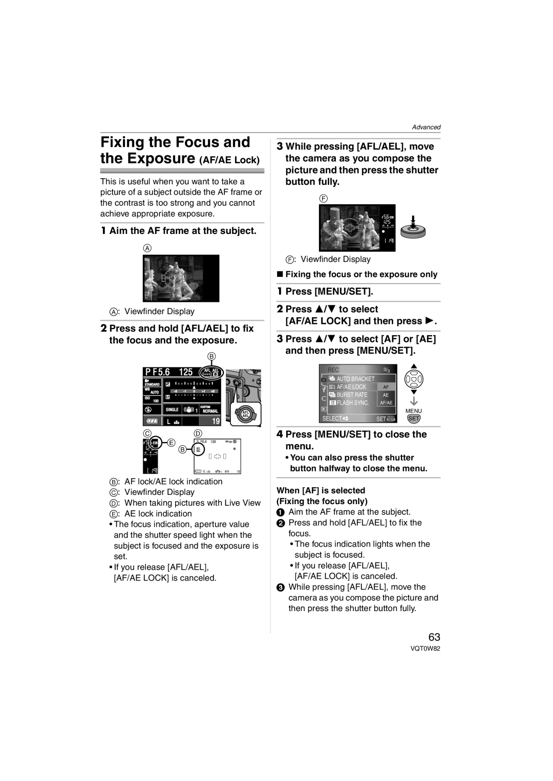 Panasonic VQT0W82, DMC-L1K operating instructions Fixing the Focus, Exposure AF/AE Lock 