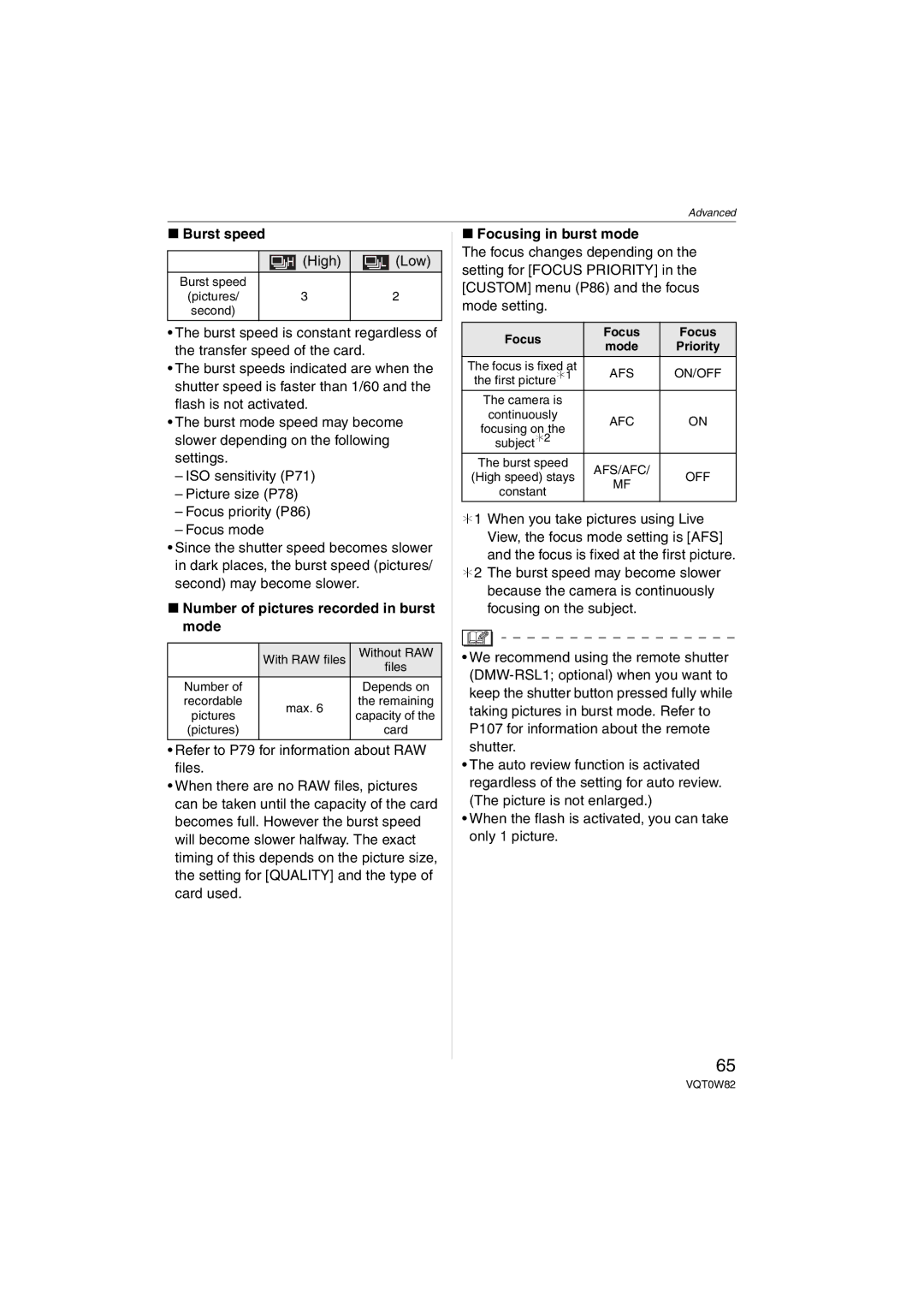 Panasonic VQT0W82, DMC-L1K Burst speed, High Low, Number of pictures recorded in burst mode, Focusing in burst mode 