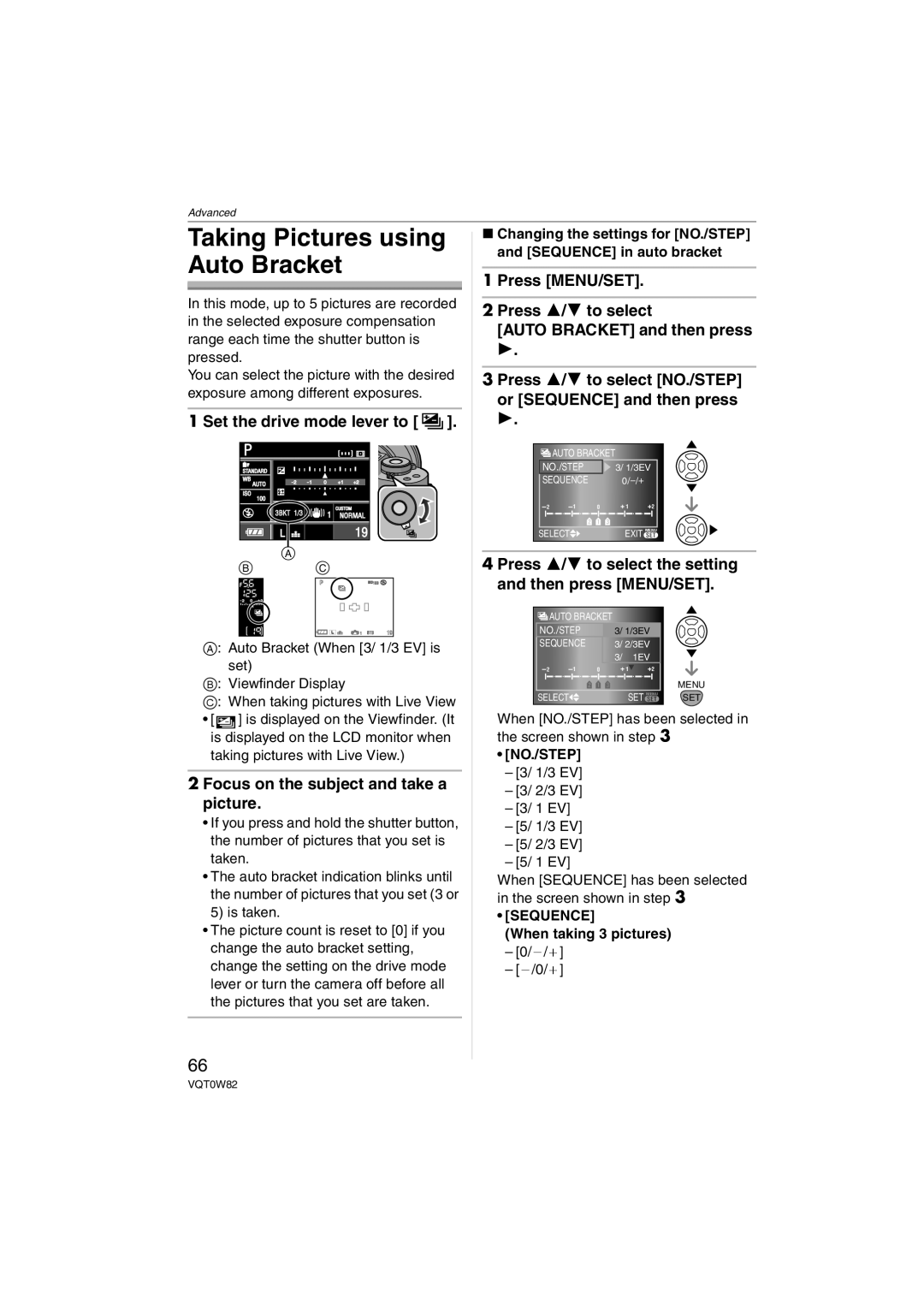 Panasonic DMC-L1K Taking Pictures using Auto Bracket, Press 3/4 to select the setting and then press MENU/SET, No./Step 