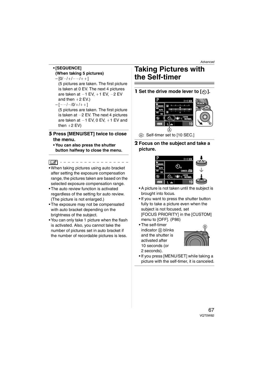 Panasonic VQT0W82 Taking Pictures with the Self-timer, Press MENU/SET twice to close the menu, When taking 5 pictures 