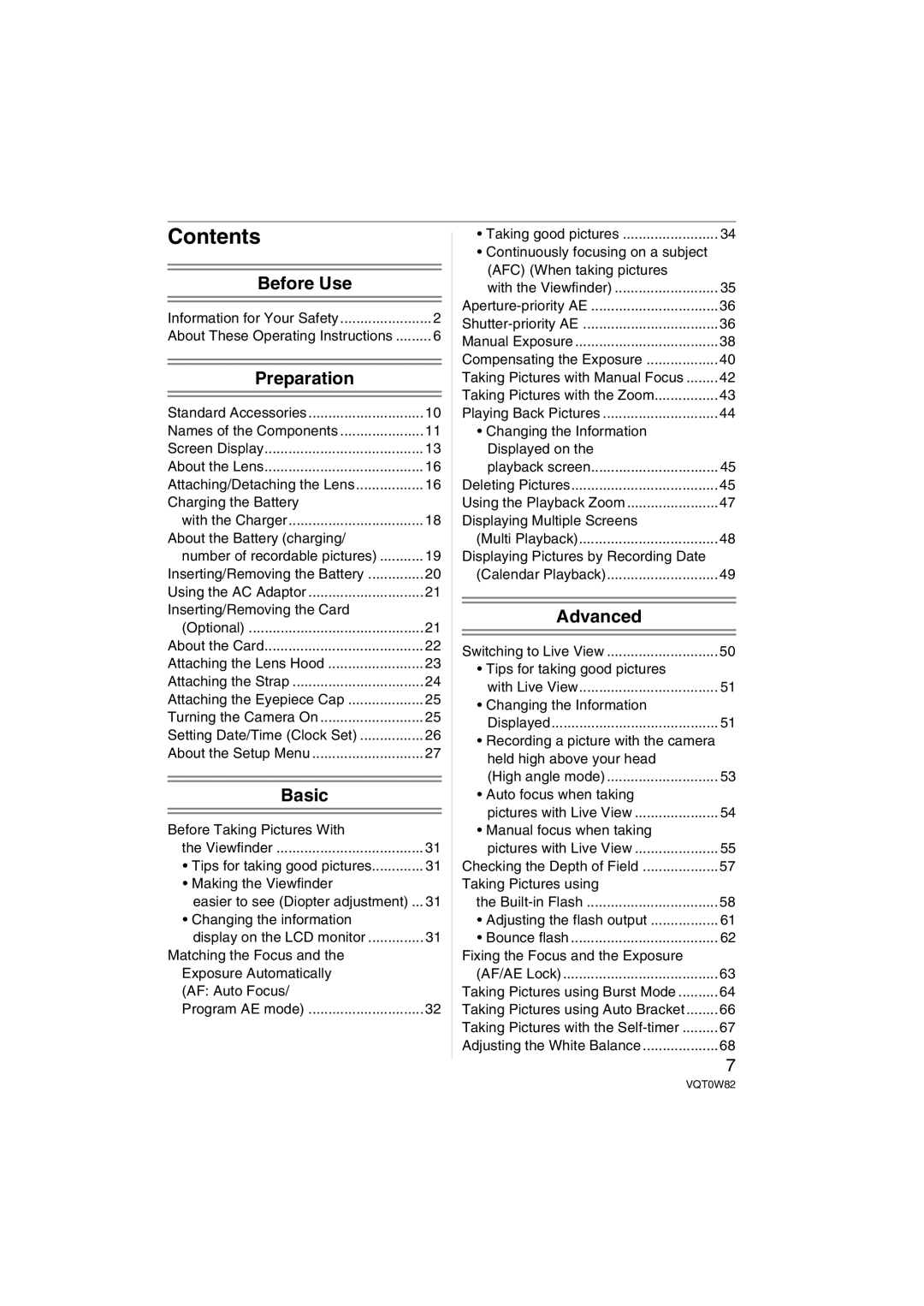 Panasonic VQT0W82, DMC-L1K operating instructions Contents 