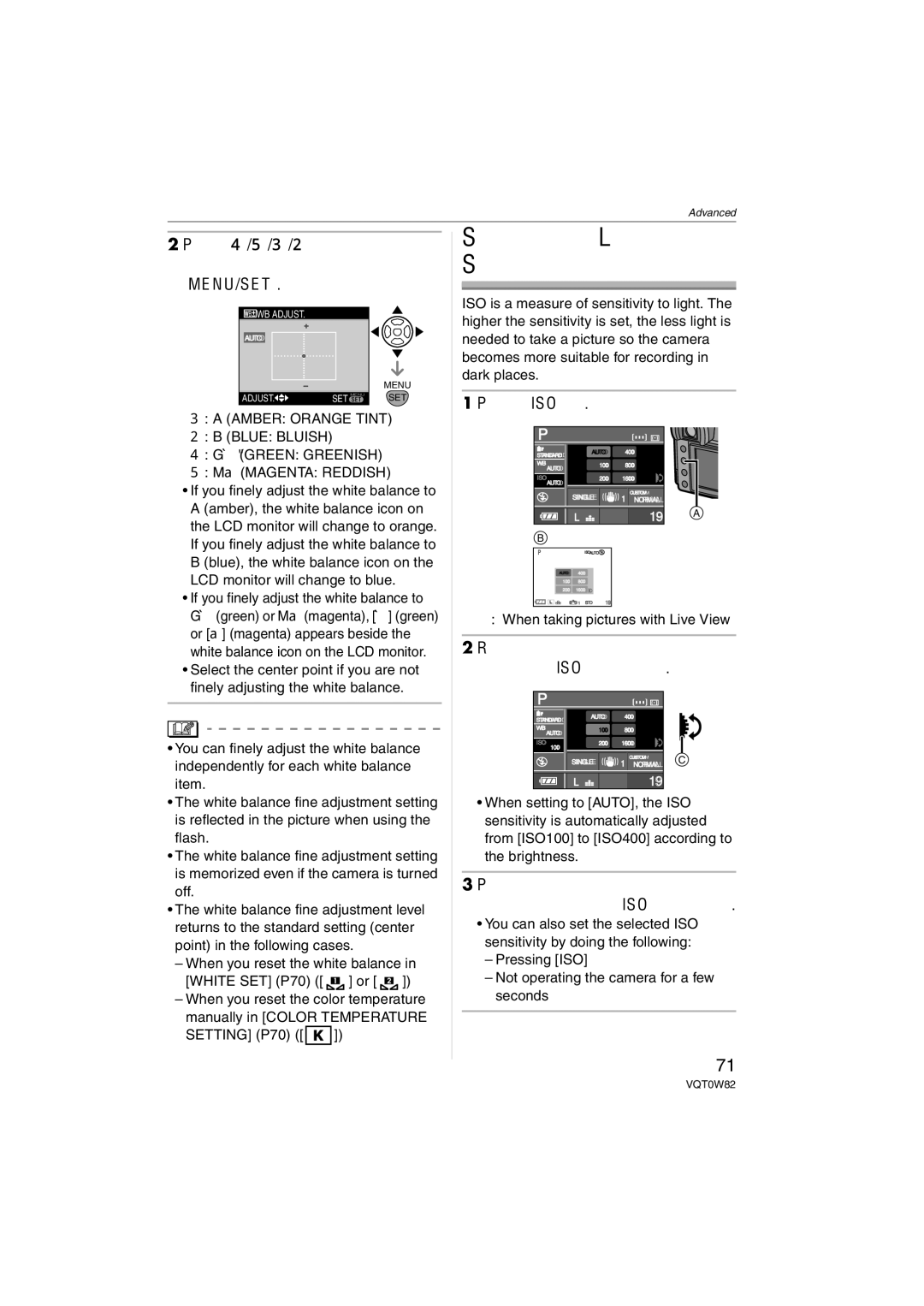 Panasonic VQT0W82 Setting the Light Sensitivity, Press ISO a, Rotate the command dial C to select the ISO sensitivity 