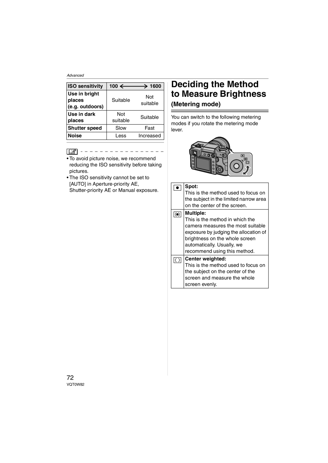 Panasonic DMC-L1K, VQT0W82 operating instructions Deciding the Method to Measure Brightness 