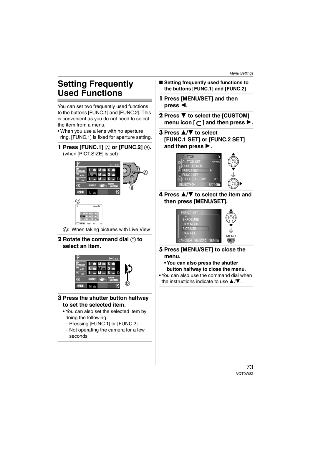 Panasonic VQT0W82, DMC-L1K operating instructions Setting Frequently Used Functions, Press FUNC.1 a or FUNC.2 B 