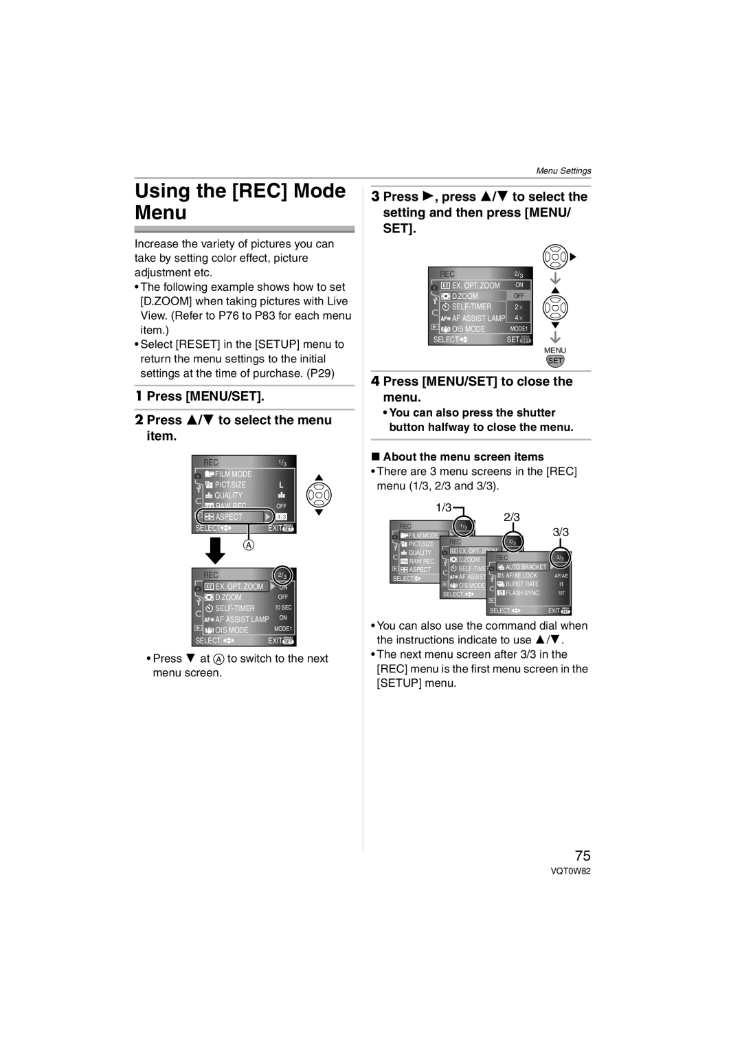 Panasonic VQT0W82, DMC-L1K operating instructions Using the REC Mode Menu, Press MENU/SET Press 3/4 to select the menu item 