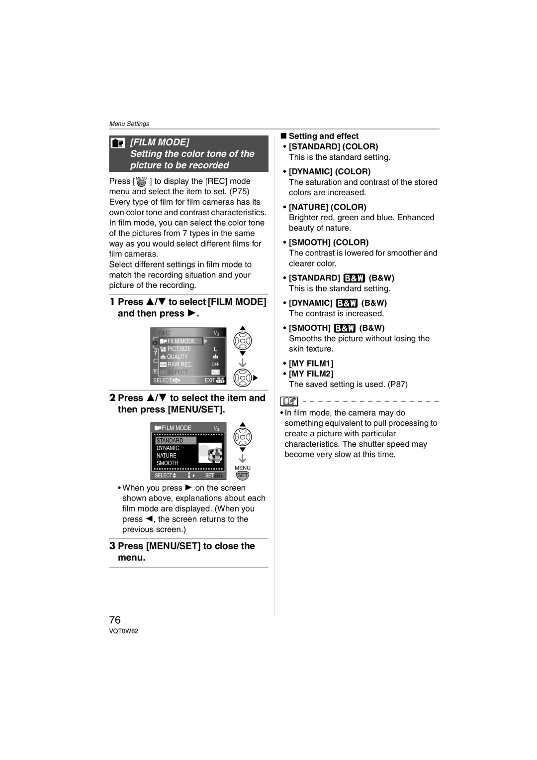 Panasonic DMC-L1K, VQT0W82 operating instructions Film Mode, Setting the color tone of the picture to be recorded 