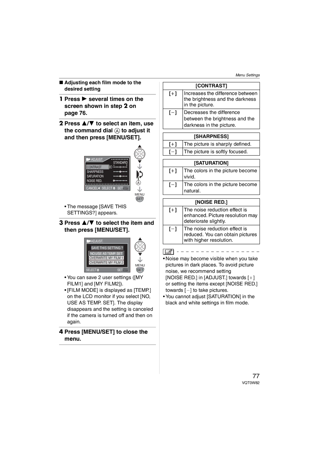 Panasonic VQT0W82, DMC-L1K Adjusting each film mode to the desired setting, Contrast, Sharpness, Saturation, Noise RED 