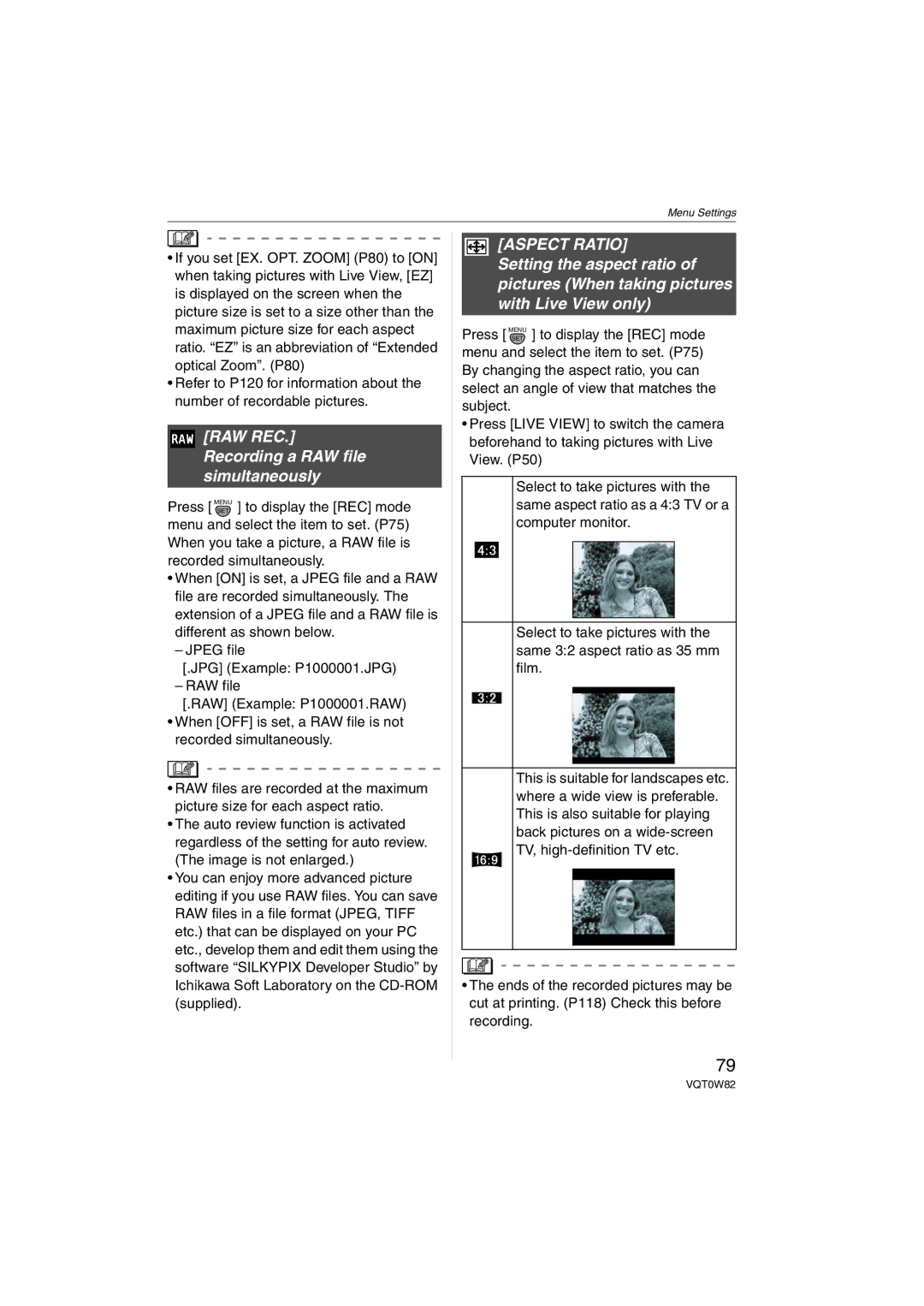 Panasonic VQT0W82, DMC-L1K operating instructions RAW REC. Recording a RAW file simultaneously, Aspect Ratio 