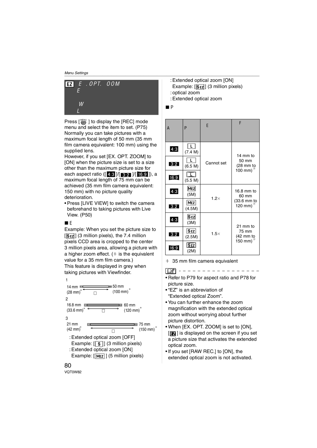 Panasonic DMC-L1K, VQT0W82 operating instructions Picture size and extended optical zoom magnification, Ratio Size 