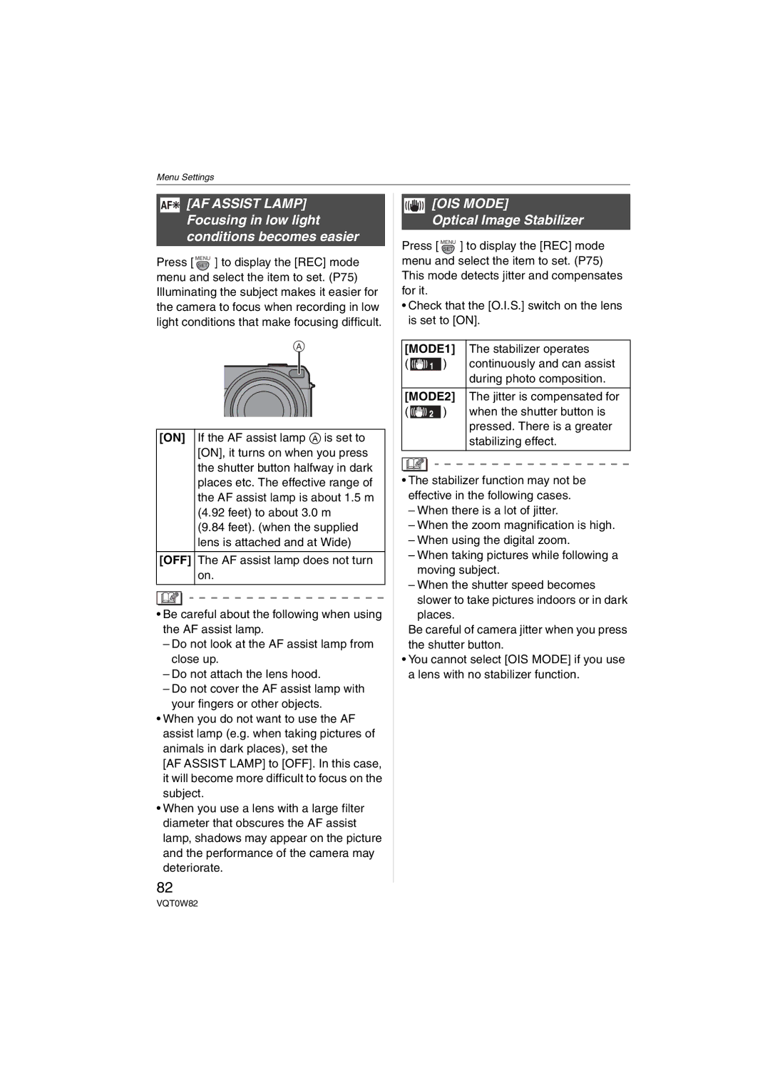 Panasonic DMC-L1K, VQT0W82 operating instructions OIS Mode, Optical Image Stabilizer, Off, MODE1, MODE2 