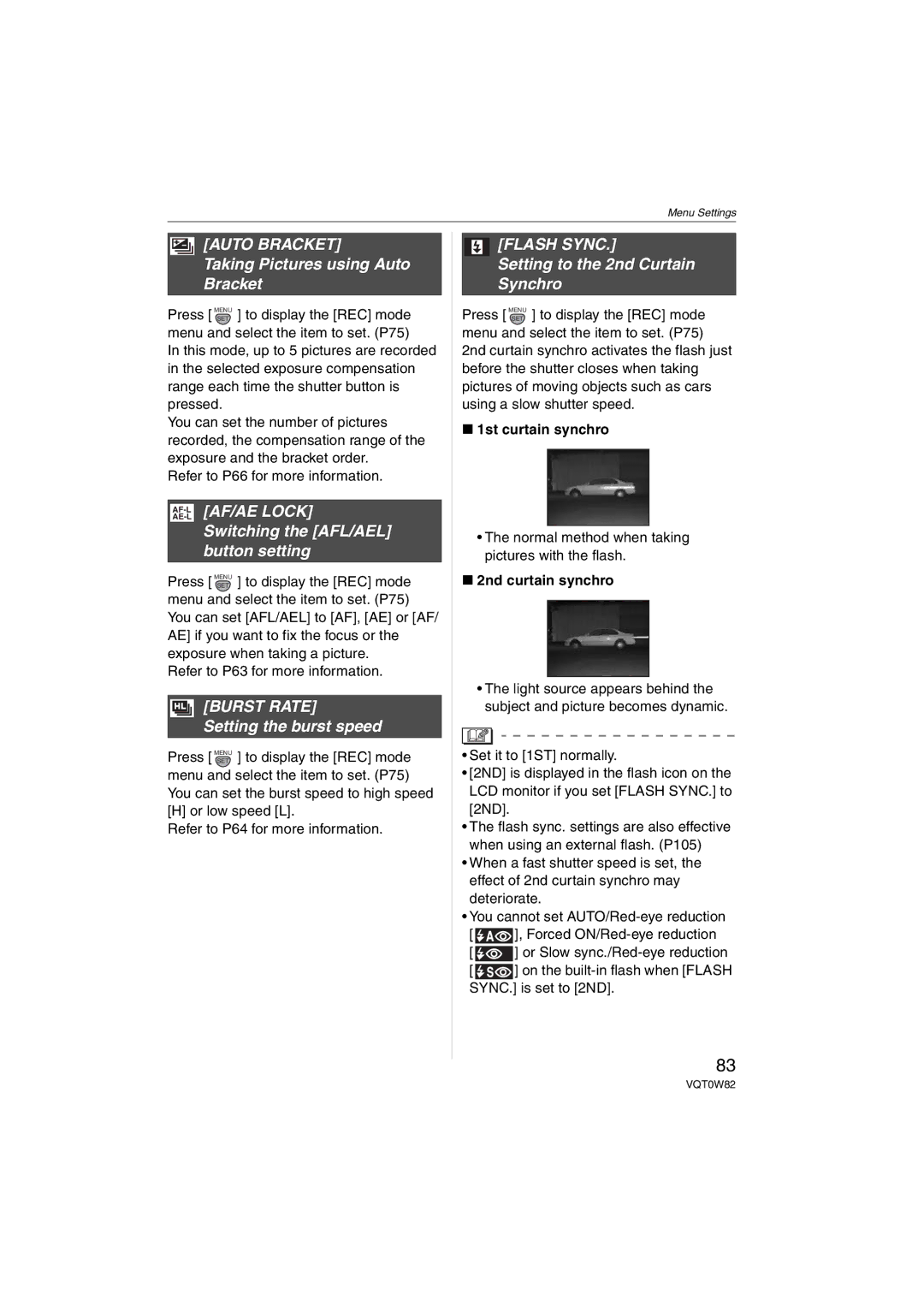 Panasonic VQT0W82, DMC-L1K operating instructions Auto Bracket, AF-LAF/AE Lock, Burst Rate, Flash Sync 