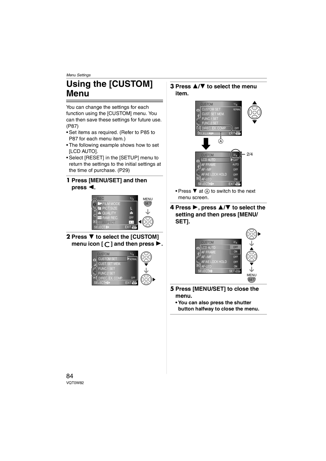 Panasonic DMC-L1K, VQT0W82 operating instructions Using the Custom Menu, Press MENU/SET and then press 