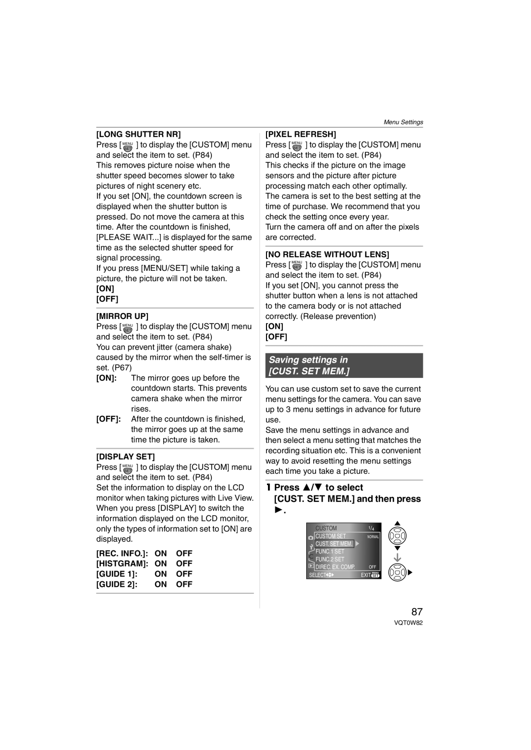 Panasonic VQT0W82, DMC-L1K Saving settings in CUST. SET MEM, Press 3/4 to select CUST. SET MEM. and then press 