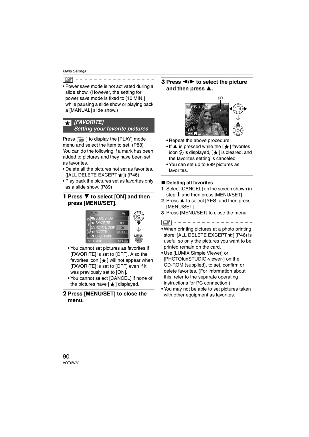 Panasonic DMC-L1K, VQT0W82 operating instructions Favorite, Setting your favorite pictures, Deleting all favorites 