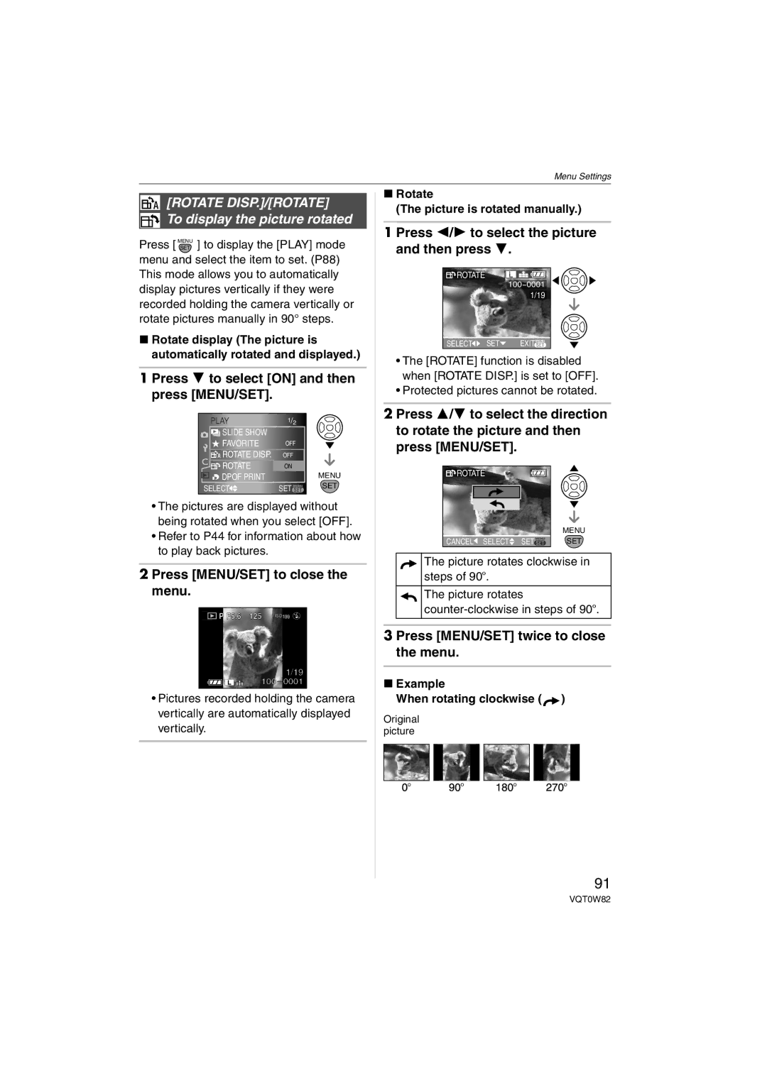 Panasonic VQT0W82, DMC-L1K Rotate DISP./ROTATE To display the picture rotated, Rotate Picture is rotated manually 