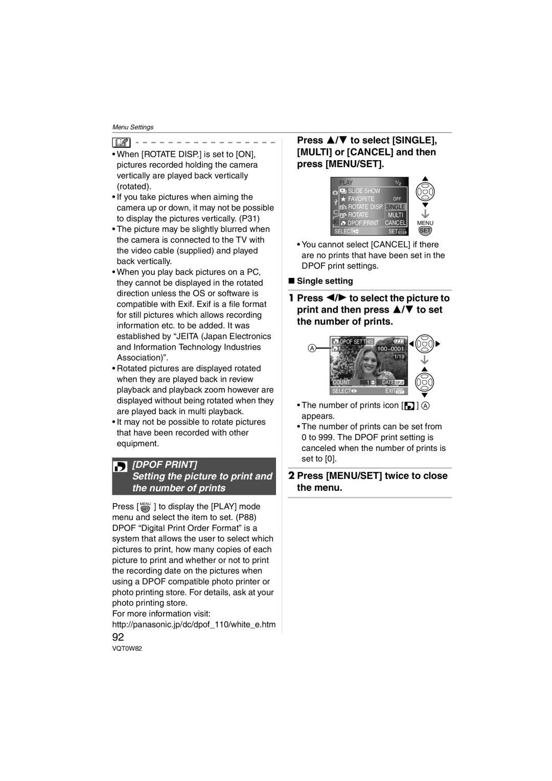 Panasonic DMC-L1K, VQT0W82 Dpof Print, Setting the picture to print and the number of prints, Single setting 