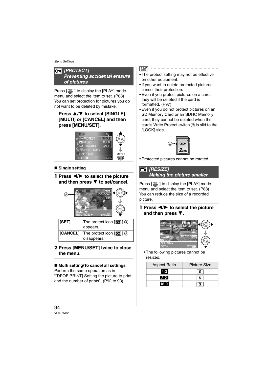 Panasonic DMC-L1K, VQT0W82 Protect, Preventing accidental erasure of pictures, Resize, Making the picture smaller 