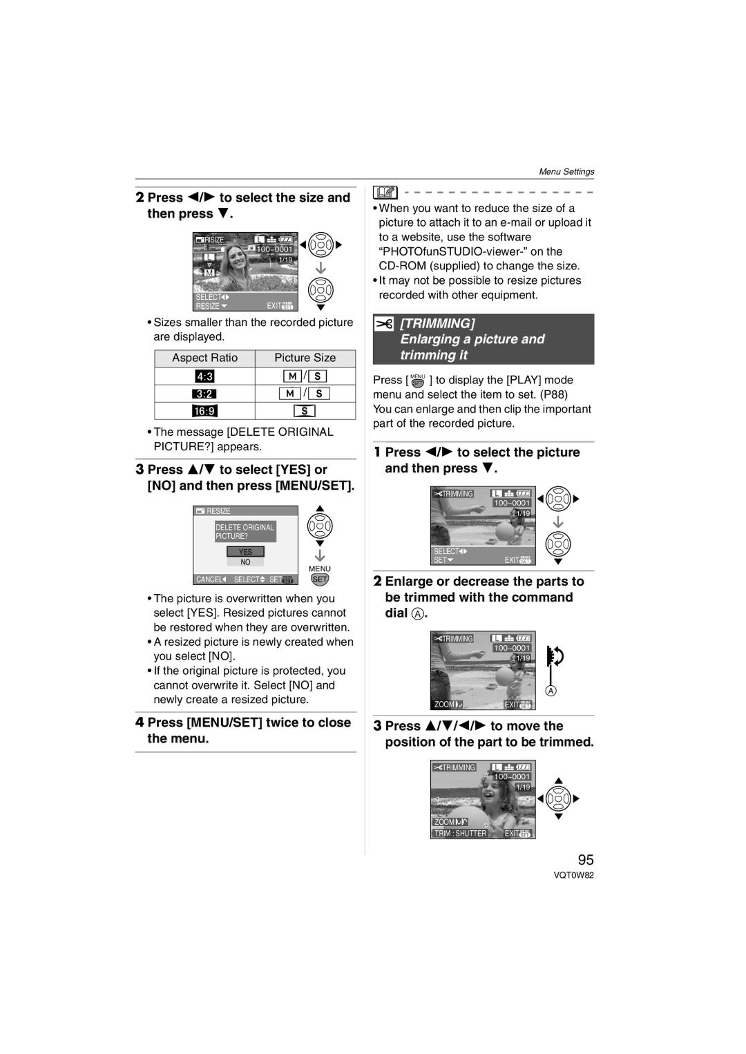 Panasonic VQT0W82 Press 2/1 to select the size and then press, Press 3/4 to select YES or no and then press MENU/SET 