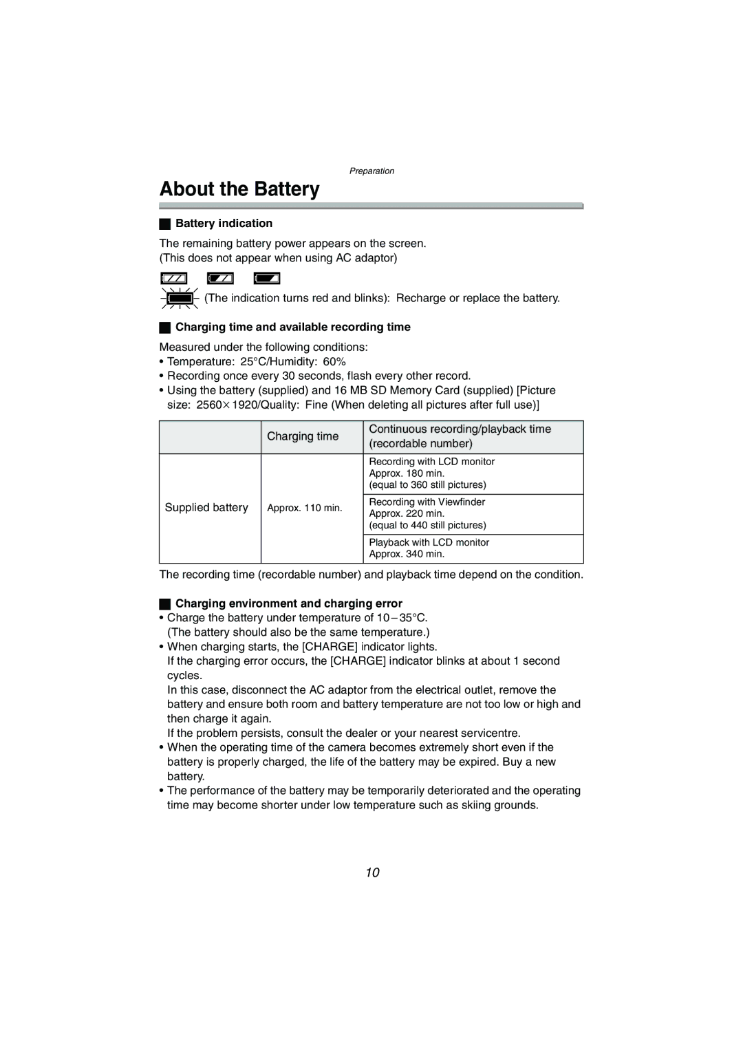 Panasonic DMC-LC1GN About the Battery, Battery indication, Charging time and available recording time 